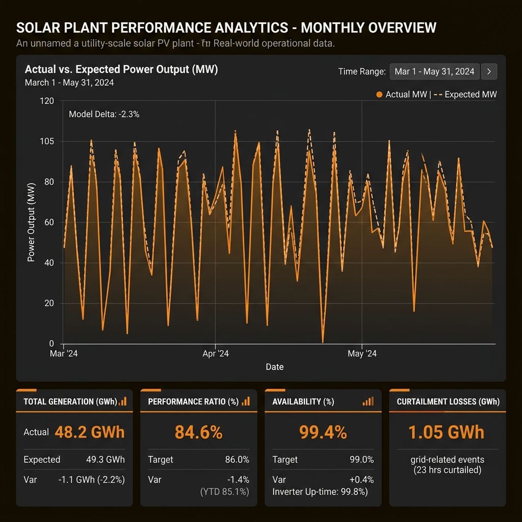 Example solar plant performance dashboard comparing actual and expected power output, performance ratio, availability, and curtailment losses